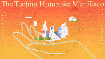 Illustrated cover of "The Techno-Humanist Manifesto" featuring a hand holding futuristic buildings and technology against an orange gradient background.