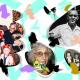 A collage of vintage family photos featuring adults and children, an elderly woman holding a toy—a symbol of longevity—and a couple, all overlaid with colorful abstract shapes.