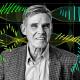 A man in a checked jacket and collared shirt stands in front of a digital background featuring stylized DNA strands and data graphs.