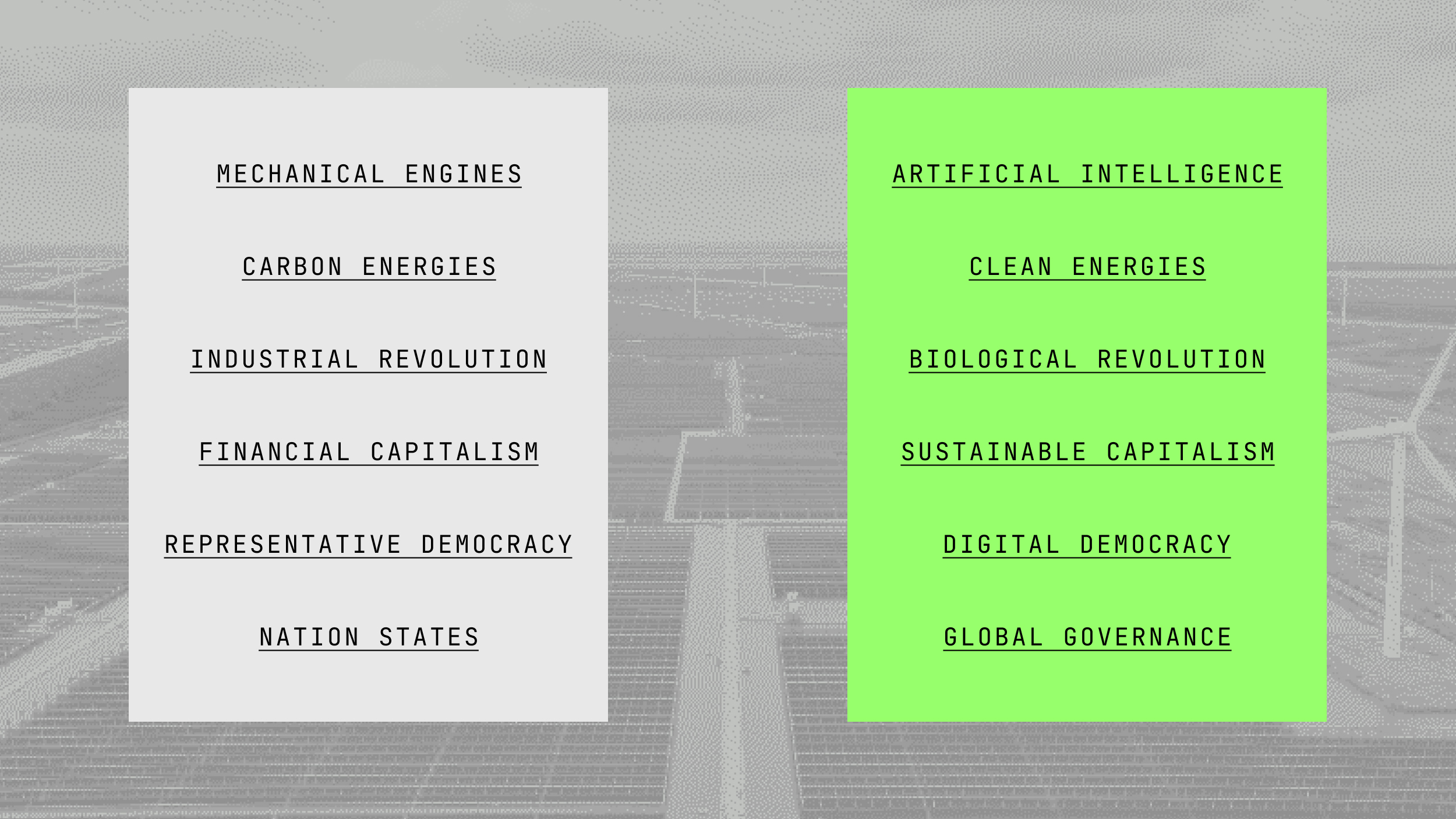 Two columns compare past and future concepts: left side lists traditional terms, right side lists modern, technology-focused terms, on a faint background with wind turbines.