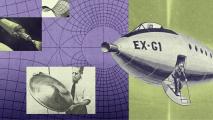 A collage of space exploration images, including a vintage rocket labeled EX-G1, an astronaut, a man with a metal dish, a spacecraft, and geometric grids in the background.