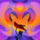 Abstract illustration of a brightly colored pelvis with stylized internal organs and a red flower in the center, symbolizing vitality and longevity, set against a pink and purple background.