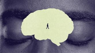 A person walks inside a large, light-colored brain shape superimposed over a close-up of a face with closed eyes.