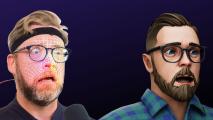 Two men with glasses and a beard in front of a purple background.