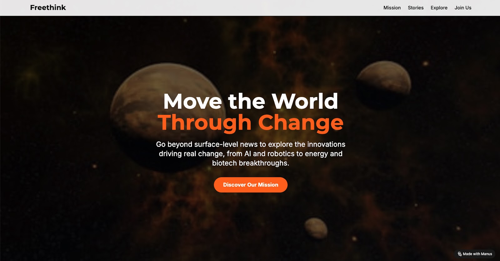 A website homepage with a space-themed background and the headline &ldquo;Move the World Through Change&rdquo; above a button labeled &ldquo;Discover Our Mission.&rdquo;.