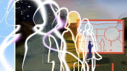 Abstract image showing glowing, silhouetted human figures in a natural landscape, with one figure standing at an orange-framed digital screen displaying geometric shapes.