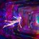 A stylized figure floats through a vibrant, abstract tunnel with swirling colors of purple, blue, and pink.