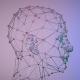 Wireframe 3D model of a human head, inspired by brainspan mapping, made from interconnected nodes and lines against a gradient background with soft purple and blue lighting.