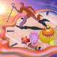 A silhouette of a person with a cane runs across a surreal clock face with gears, abstract shapes, and a bright sun in the background.