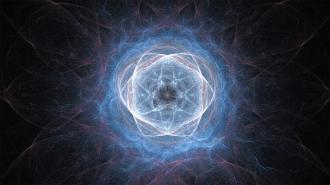 Circular abstract pattern with intricate, intertwined blue and white swirling lines forming a radiant, symmetrical design against a dark background.