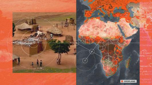 Aerial view of a rural settlement with huts on the left, and a heat map of African croplands on the right, highlighting agricultural regions.