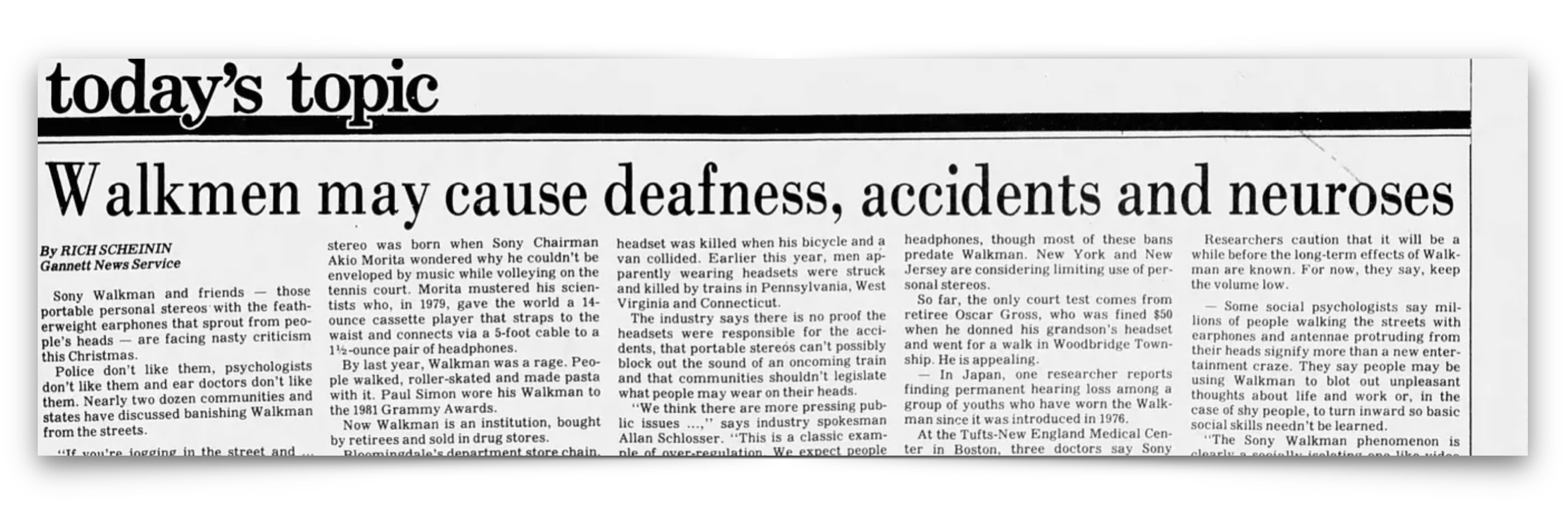 A newspaper headline reads &ldquo;Walkmen may cause deafness, accidents and neuroses," with columns of text discussing potential health risks of using Walkman devices.