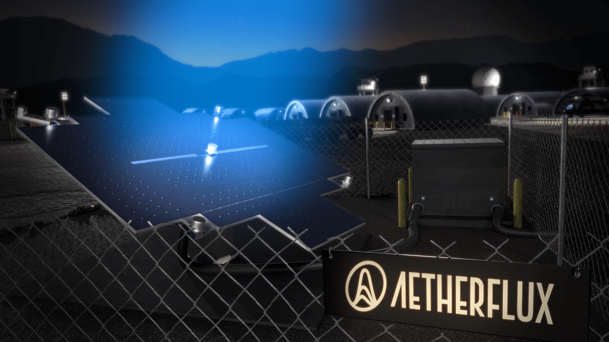 A fenced area with solar panels, an equipment box, dome-shaped buildings in the background, and a sign reading "Aetherflux" attached to the fence.