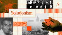 Collage with "Solutionism" text, vintage portraits, smoggy cityscape, glove holding a white mouse, and the number 5, featuring orange and beige geometric patterns.